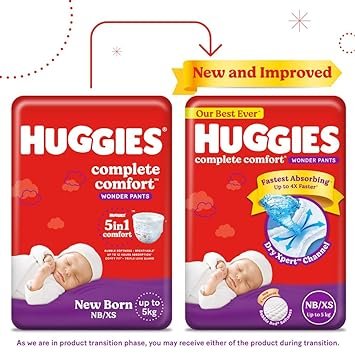 Huggies Complete Comfort Wonder Pants, Extra Small (XS),48 Count, Upto 5 kg Size Baby Diaper Pants, Combo Pack of 2, 24 count Per Pack, (48 count) with 5 in 1 Comfort