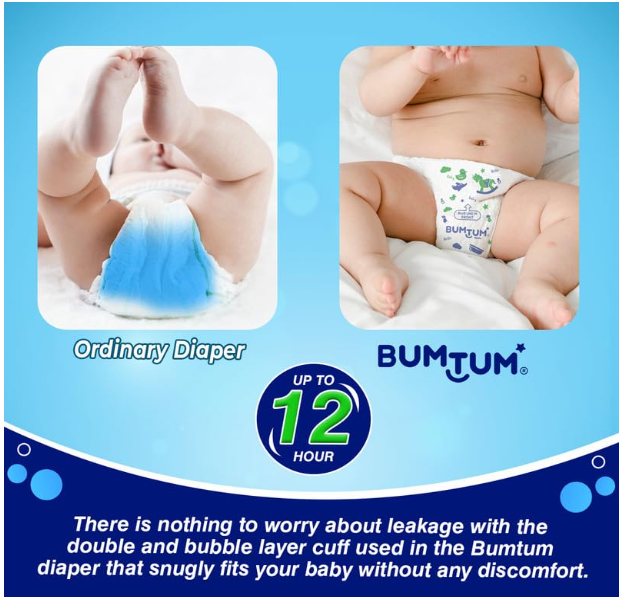 Bumtum Baby Diaper Pants, Medium Size, 72 Count, Double Layer Leakage Protection Infused With Aloe Vera, Cottony Soft High Absorb Technology (Pack of 1